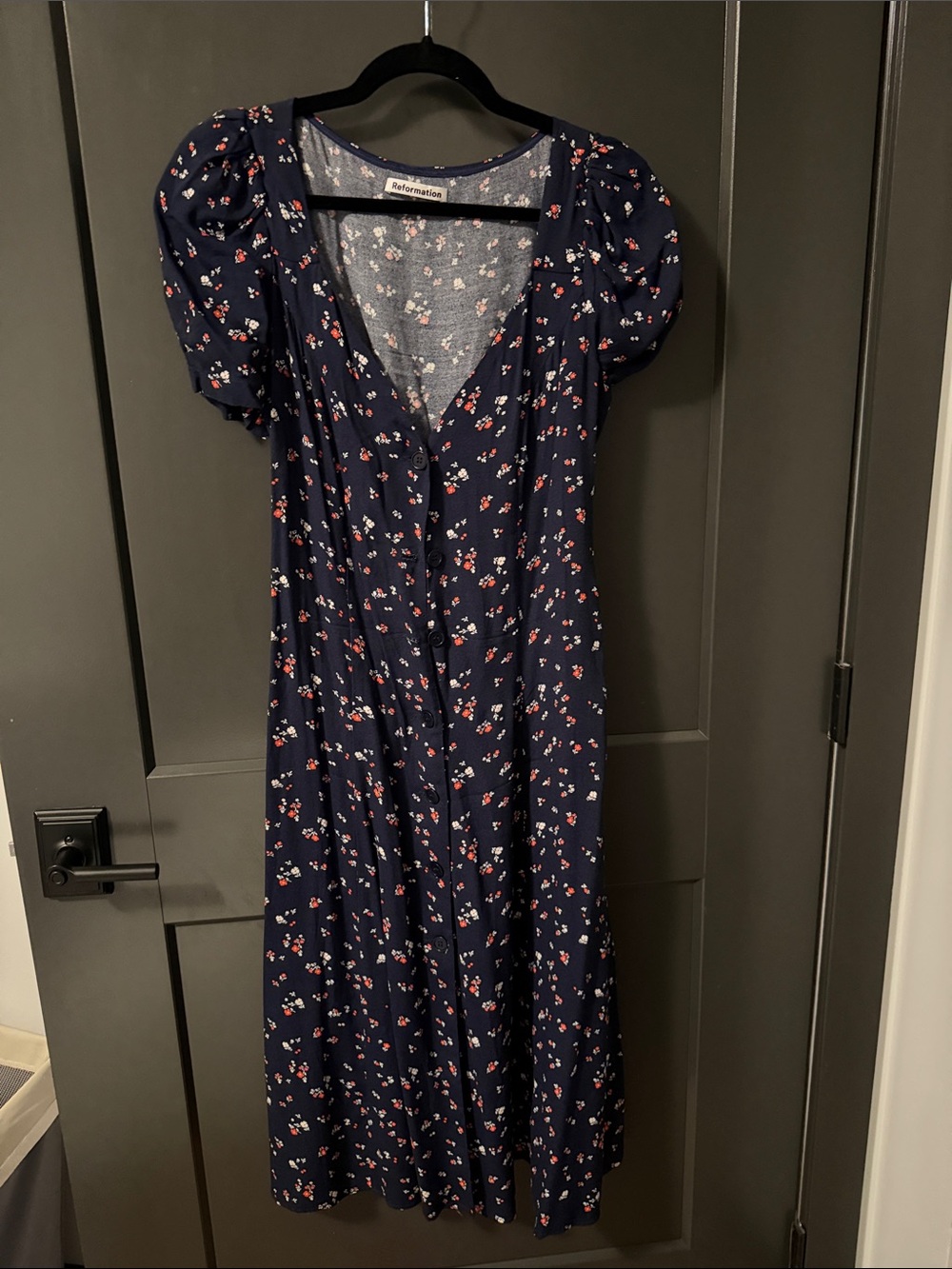 Reformation Navy Floral Midi Dress with Puff Sleeves